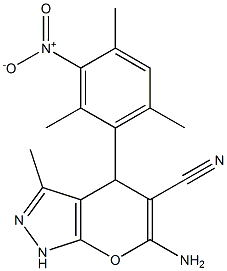 6-amino-4-{3-nitro-2,4,6-trimethylphenyl}-3-methyl-1,4-dihydropyrano[2,3-c]pyrazole-5-carbonitrile Structure
