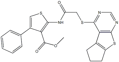 methyl 2-{[(6,7-dihydro-5H-cyclopenta[4,5]thieno[2,3-d]pyrimidin-4-ylsulfanyl)acetyl]amino}-4-phenylthiophene-3-carboxylate 구조식 이미지