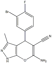 6-amino-4-(3-bromo-4-fluorophenyl)-3-methyl-1,4-dihydropyrano[2,3-c]pyrazole-5-carbonitrile Structure