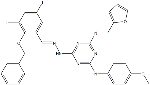 2-(benzyloxy)-3,5-diiodobenzaldehyde [4-[(2-furylmethyl)amino]-6-(4-methoxyanilino)-1,3,5-triazin-2-yl]hydrazone 구조식 이미지