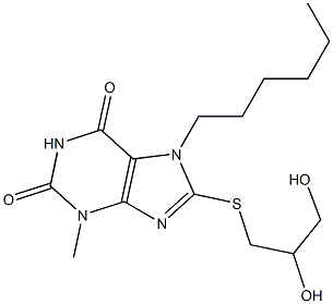 8-[(2,3-dihydroxypropyl)sulfanyl]-7-hexyl-3-methyl-3,7-dihydro-1H-purine-2,6-dione 구조식 이미지