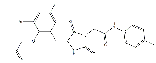 [2-bromo-6-({2,5-dioxo-1-[2-oxo-2-(4-toluidino)ethyl]-4-imidazolidinylidene}methyl)-4-iodophenoxy]acetic acid 구조식 이미지