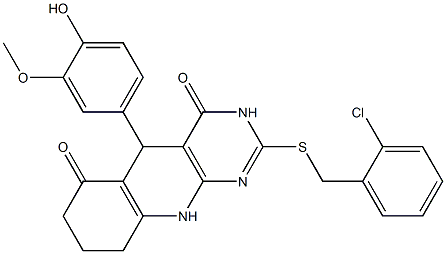 2-[(2-chlorobenzyl)sulfanyl]-5-(4-hydroxy-3-methoxyphenyl)-5,8,9,10-tetrahydropyrimido[4,5-b]quinoline-4,6(3H,7H)-dione Structure