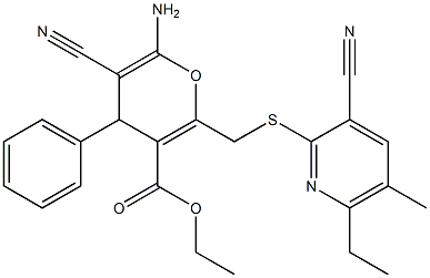 ethyl 6-amino-5-cyano-2-{[(3-cyano-6-ethyl-5-methylpyridin-2-yl)sulfanyl]methyl}-4-phenyl-4H-pyran-3-carboxylate Structure