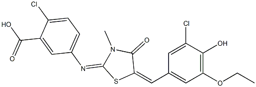 2-chloro-5-{[5-(3-chloro-5-ethoxy-4-hydroxybenzylidene)-3-methyl-4-oxo-1,3-thiazolidin-2-ylidene]amino}benzoic acid Structure