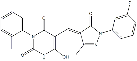 5-{[1-(3-chlorophenyl)-3-methyl-5-oxo-1,5-dihydro-4H-pyrazol-4-ylidene]methyl}-6-hydroxy-3-(2-methylphenyl)-2,4(1H,3H)-pyrimidinedione Structure
