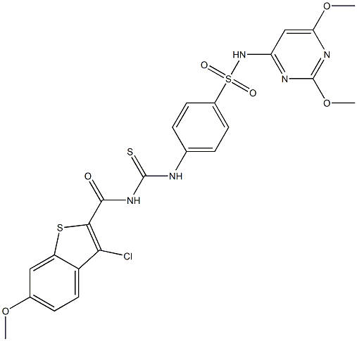 4-[({[(3-chloro-6-methoxy-1-benzothiophen-2-yl)carbonyl]amino}carbothioyl)amino]-N-(2,6-dimethoxy-4-pyrimidinyl)benzenesulfonamide Structure