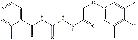 N-({2-[2-(4-chloro-3,5-dimethylphenoxy)acetyl]hydrazino}carbothioyl)-2-iodobenzamide 구조식 이미지