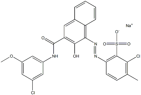 2-Chloro-3-methyl-6-[[3-[[(3-chloro-5-methoxyphenyl)amino]carbonyl]-2-hydroxy-1-naphtyl]azo]benzenesulfonic acid sodium salt 구조식 이미지