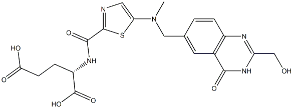 (2S)-2-[5-[N-Methyl-N-[[(3,4-dihydro-2-hydroxymethyl-4-oxoquinazolin)-6-yl]methyl]amino]-2-thiazolylcarbonylamino]glutaric acid 구조식 이미지