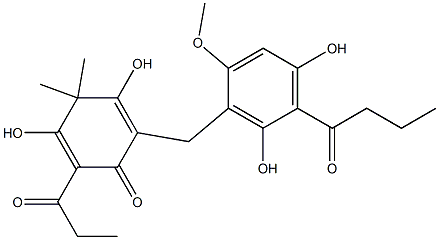 2-(1-Oxopropyl)-3,5-dihydroxy-4,4-dimethyl-6-[2-methoxy-4,6-dihydroxy-5-(1-oxobutyl)benzyl]-2,5-cyclohexadiene-1-one 구조식 이미지