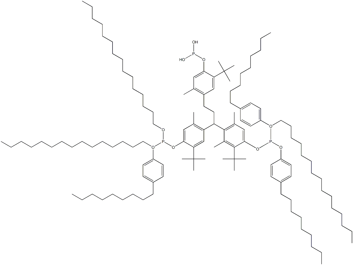 [3-Methyl-1,1,3-propanetriyltris(2-tert-butyl-5-methyl-4,1-phenyleneoxy)]tris(phosphonous acid)O,O',O''-tripentadecyl O,O',O''-tris(4-nonylphenyl) ester 구조식 이미지