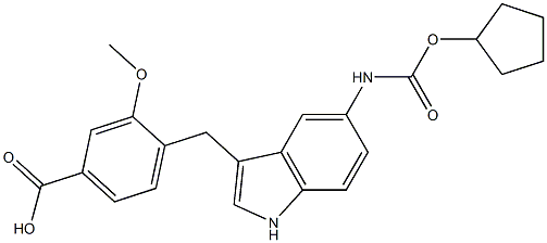 4-[5-Cyclopentyloxycarbonylamino-1H-indol-3-ylmethyl]-3-methoxybenzoic acid 구조식 이미지