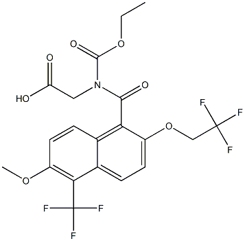 2-[N-Ethoxycarbonyl-N-[[2-(2,2,2-trifluoroethoxy)-6-methoxy-5-trifluoromethyl-1-naphthalenyl]carbonyl]amino]acetic acid 구조식 이미지