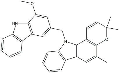 11-[(1-Methoxy-9H-carbazol-3-yl)methyl]-3,3,5-trimethyl-3,11-dihydropyrano[3,2-a]carbazole 구조식 이미지