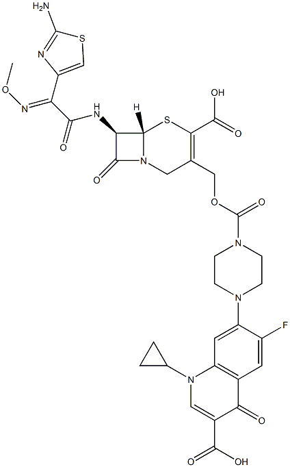 (7R)-7-[[(2-Amino-4-thiazolyl)(methoxyimino)acetyl]amino]-3-[[4-[(1-cyclopropyl-6-fluoro-3-carboxy-1,4-dihydro-4-oxoquinolin)-7-yl]-1-piperazinylcarbonyloxy]methyl]cepham-3-ene-4-carboxylic acid Structure