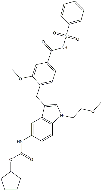 4-[5-(Cyclopentyloxycarbonylamino)-1-(2-methoxyethyl)-1H-indol-3-ylmethyl]-3-methoxy-N-(phenylsulfonyl)benzamide Structure