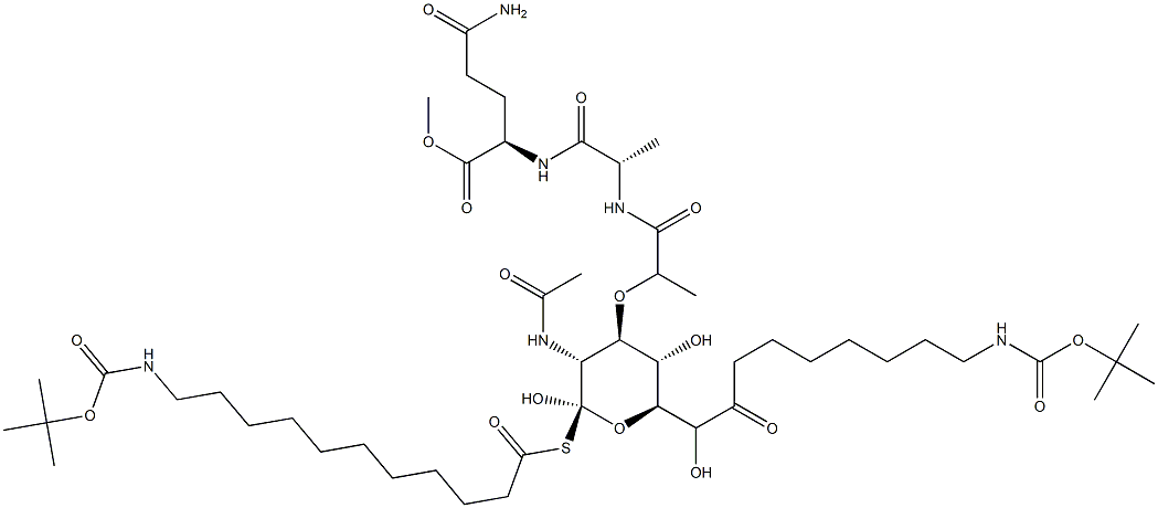 N2-[N-[N-Acetyl-1-[[11-[[(tert-butoxy)carbonyl]amino]undecanoyl]thio]-6-[8-[[(tert-butoxy)carbonyl]amino]octanoyl]muramoyl]-L-alanyl]-D-glutamine methyl ester 구조식 이미지