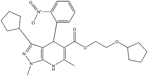 3-Cyclopentyl-1,6-dimethyl-4-(2-nitrophenyl)-4,7-dihydro-1H-pyrazolo[3,4-b]pyridine-5-carboxylic acid 2-cyclopentyloxyethyl ester 구조식 이미지