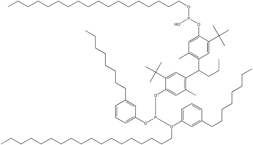 [Butylidenebis(2-tert-butyl-5-methyl-4,1-phenyleneoxy)]bis(phosphonous acid)O,O'-dioctadecyl O,O'-bis(3-octylphenyl) ester Structure