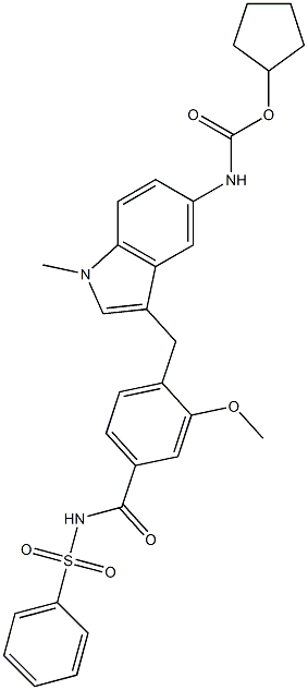 4-[5-(Cyclopentyloxycarbonylamino)-1-methyl-1H-indol-3-ylmethyl]-3-methoxy-N-(phenylsulfonyl)benzamide 구조식 이미지