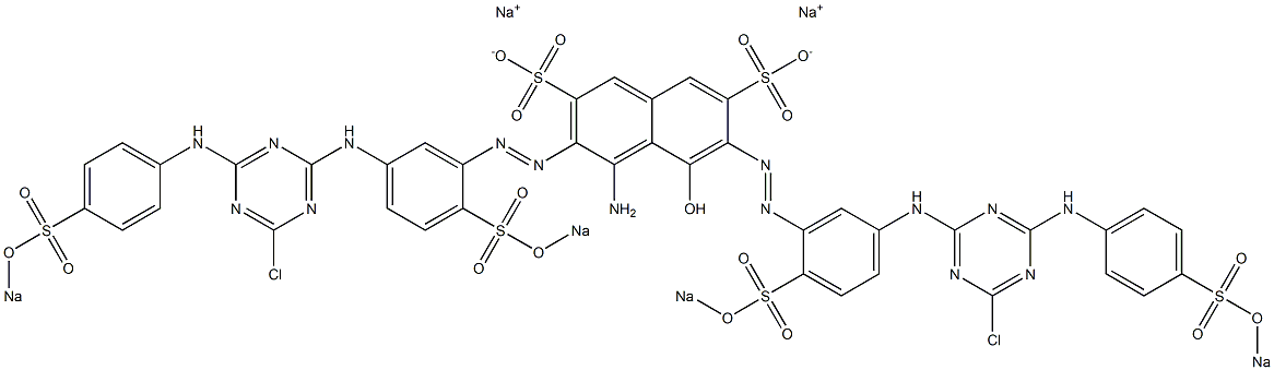 1-Amino-2,7-bis[[5-[[4-chloro-6-[4-(sodiosulfo)anilino]-1,3,5-triazin-2-yl]amino]-2-(sodiosulfo)phenyl]azo]-8-hydroxynaphthalene-3,6-disulfonic acid disodium salt 구조식 이미지