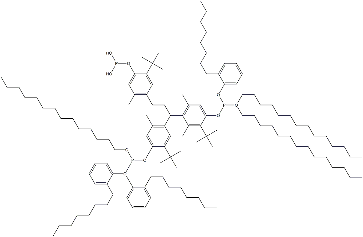 [3-Methyl-1,1,3-propanetriyltris(2-tert-butyl-5-methyl-4,1-phenyleneoxy)]tris(phosphonous acid)O,O',O'-tritetradecyl O,O'',O''-tris(2-octylphenyl) ester Structure