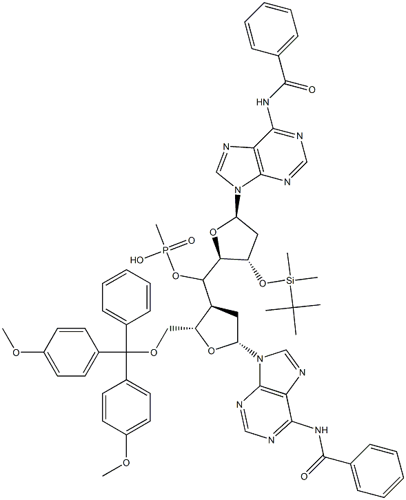 Methylphosphonic acid [5'-O-(4,4'-dimethoxytrityl)-N-benzoyl-2'-deoxy-3'-adenosyl][3'-O-(tert-butyldimethylsilyl)-N-benzoyl-2'-deoxy-5'-adenosyl] ester Structure