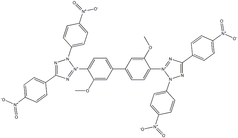 3,3'-(3,3'-Dimethoxy-1,1'-biphenyl-4,4'-diyl)bis[2,5-bis(4-nitrophenyl)-2H-tetrazol-3-ium] 구조식 이미지