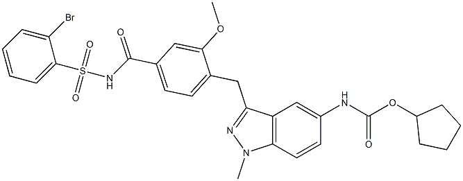 4-[5-(Cyclopentyloxycarbonylamino)-1-methyl-1H-indazol-3-ylmethyl]-3-methoxy-N-(2-bromophenylsulfonyl)benzamide 구조식 이미지