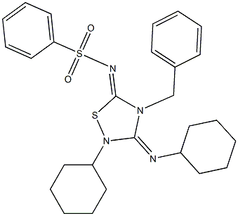 2-Cyclohexyl-3-cyclohexylimino-4-benzyl-5-phenylsulfonylimino-1,2,4-thiadiazolidine 구조식 이미지