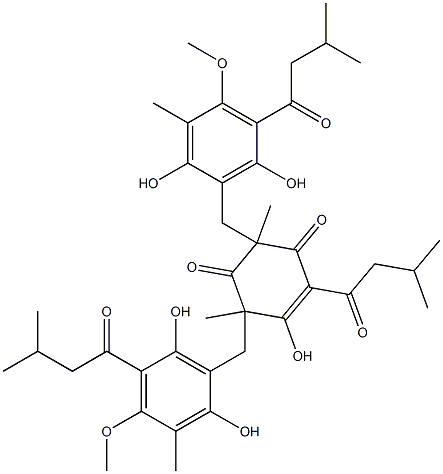 3,5-Bis[[2,6-dihydroxy-4-methoxy-3-methyl-5-(3-methylbutanoyl)phenyl]methyl]-2-hydroxy-3,5-dimethyl-1-(3-methylbutanoyl)-1-cyclohexene-4,6-dione Structure