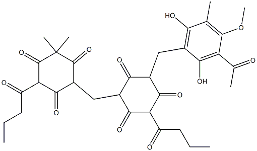 2-(2,6-Dihydroxy-3-acetyl-4-methoxy-5-methylphenylmethyl)-4-(1-oxobutyl)-6-[2,4,6-trioxo-3,3-dimethyl-5-(1-oxobutyl)cyclohexylmethyl]cyclohexane-1,3,5-trione 구조식 이미지