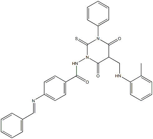 4-(Benzylideneamino)-N-[[hexahydro-4,6-dioxo-2-thioxo-3-(phenyl)-5-(2-methylphenylaminomethyl)pyrimidin]-1-yl]benzamide 구조식 이미지