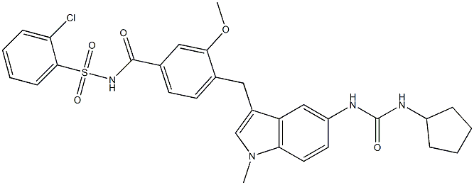 4-[5-(3-Cyclopentylureido)-1-methyl-1H-indol-3-ylmethyl]-3-methoxy-N-(2-chlorophenylsulfonyl)benzamide 구조식 이미지