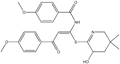 N-(2-aza-1-(6-hydroxy-4,4-dimethyl-2-oxocyclohex-1-enylthio)-3-(4-methoxyphenyl)-3-oxoprop-1-enyl)(4-methoxyphenyl)formamide 구조식 이미지