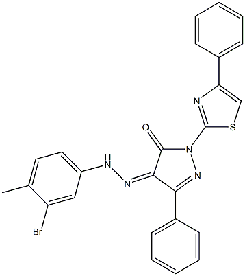 3-phenyl-1-(4-phenyl-1,3-thiazol-2-yl)-1H-pyrazole-4,5-dione 4-[N-(3-bromo-4-methylphenyl)hydrazone] 구조식 이미지