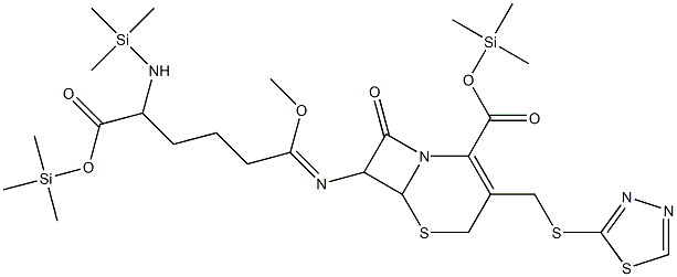 7-[1-Methoxy-5-trimethylsilylamino-5-(trimethylsilyloxycarbonyl)pentylideneamino]-8-oxo-3-(1,3,4-thiadiazol-2-ylthiomethyl)-5-thia-1-azabicyclo[4.2.0]oct-2-ene-2-carboxylic acid trimethylsilyl ester 구조식 이미지