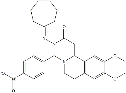 3-(Cycloheptylideneamino)-4-(4-nitrophenyl)-9,10-dimethoxy-1,3,4,6,7,11b-hexahydro-2H-pyrimido[6,1-a]isoquinolin-2-one Structure