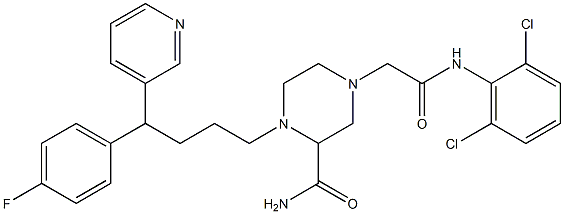 N-(2,6-Dichlorophenyl)-3-(aminocarbonyl)-4-[4-(4-fluorophenyl)-4-(pyridin-3-yl)butyl]piperazine-1-acetamide 구조식 이미지