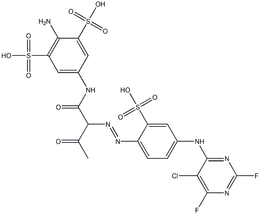 2-Amino-5-[[2-[[4-[(5-chloro-2,6-difluoro-4-pyrimidinyl)amino]-2-sulfophenyl]azo]-1,3-dioxobutyl]amino]-1,3-benzenedisulfonic acid 구조식 이미지