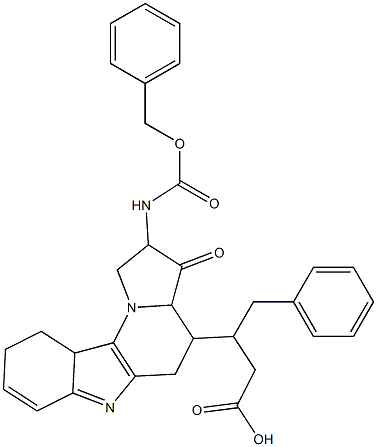 2-((benzyloxycarbonyl)amino)-1,3a,4,5,10,10a-hexahydro-4-(1-phenylmethyl-2-carboxyethyl)indolo(3,2-e)indolizine-3(2H)-one Structure