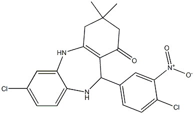 7-chloro-11-(4-chloro-3-nitrophenyl)-3,3-dimethyl-2,3,4,5,10,11-hexahydro-1H-dibenzo[b,e][1,4]diazepin-1-one Structure