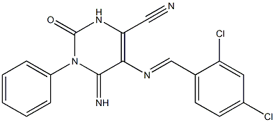 5-{[(E)-(2,4-dichlorophenyl)methylidene]amino}-6-imino-2-oxo-1-phenyl-1,2,3,6-tetrahydro-4-pyrimidinecarbonitrile 구조식 이미지