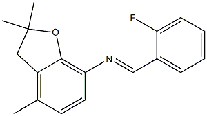 N-[(E)-(2-fluorophenyl)methylidene]-2,2,4-trimethyl-2,3-dihydro-1-benzofuran-7-amine 구조식 이미지