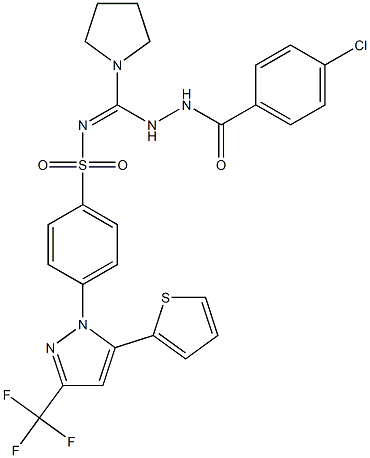 N1-[[2-(4-chlorobenzoyl)hydrazino](tetrahydro-1H-pyrrol-1-yl)methylidene]-4-[5-(2-thienyl)-3-(trifluoromethyl)-1H-pyrazol-1-yl]benzene-1-sulfonamide 구조식 이미지