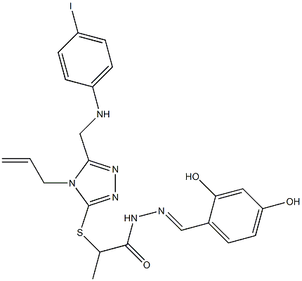 2-({4-allyl-5-[(4-iodoanilino)methyl]-4H-1,2,4-triazol-3-yl}sulfanyl)-N'-(2,4-dihydroxybenzylidene)propanohydrazide 구조식 이미지