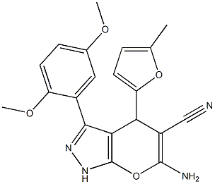 6-amino-3-(2,5-dimethoxyphenyl)-4-(5-methyl-2-furyl)-1,4-dihydropyrano[2,3-c]pyrazole-5-carbonitrile Structure