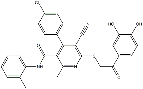 4-(4-chlorophenyl)-5-cyano-6-{[2-(3,4-dihydroxyphenyl)-2-oxoethyl]sulfanyl}-2-methyl-N-(2-methylphenyl)pyridine-3-carboxamide 구조식 이미지