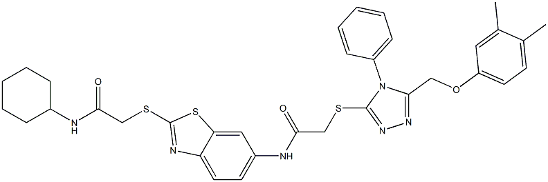 N-(2-{[2-(cyclohexylamino)-2-oxoethyl]sulfanyl}-1,3-benzothiazol-6-yl)-2-({5-[(3,4-dimethylphenoxy)methyl]-4-phenyl-4H-1,2,4-triazol-3-yl}sulfanyl)acetamide 구조식 이미지